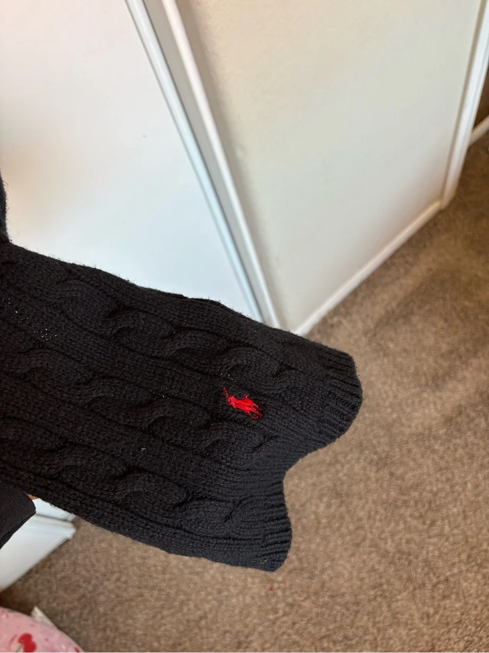 RALPH LAUREN POLO MENS WOOL CABLE KNIT SCARF BLACK WITH RED LOGO